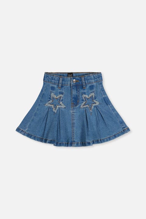 Pleated Denim Elastic Waistband Star Appliqué Skirt