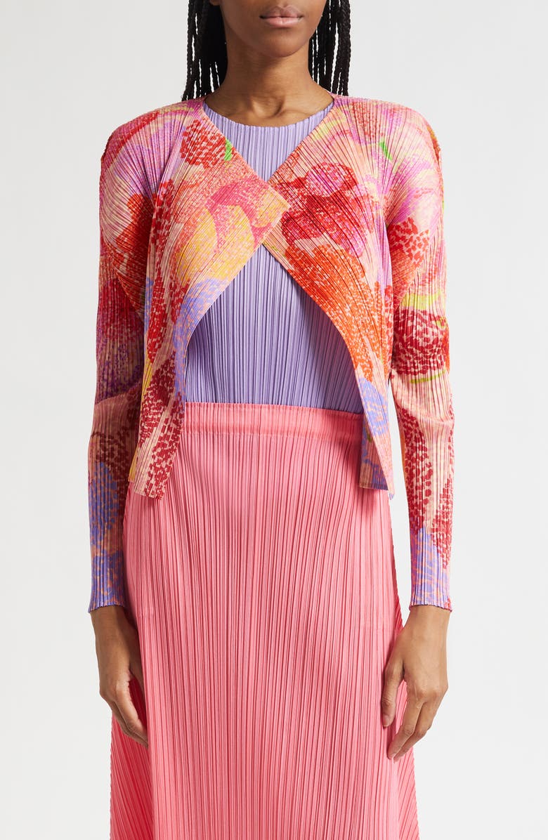 Pleats Please Issey Miyake Foggy Forest Pleated Open Front Cardigan, Main, color, Pink