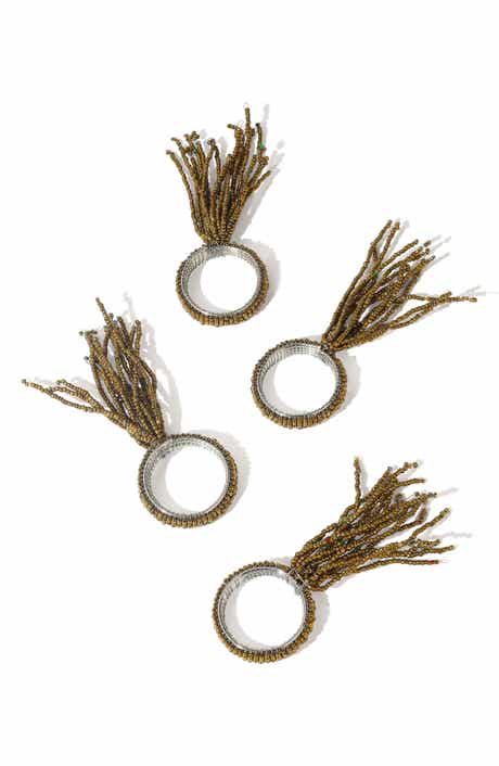 Tiramisu Golden Tassel Set of 4 Beaded Napkin Rings