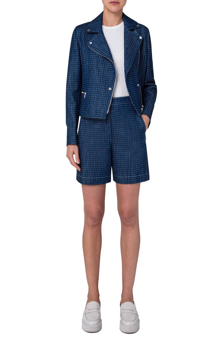 Akris punto Asymmetric Pin Dot Denim Biker Jacket, Alternate, color,