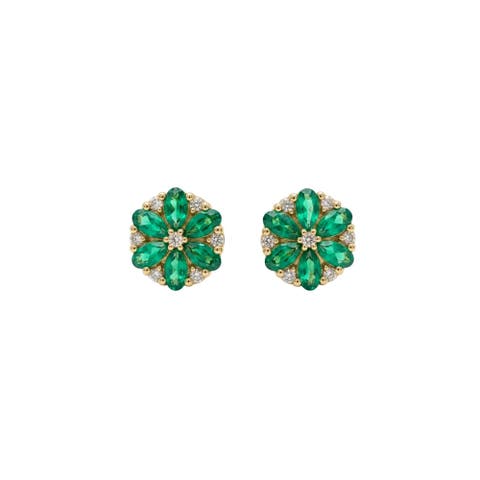 Pear Emerald & Round Diamond Floral Studs