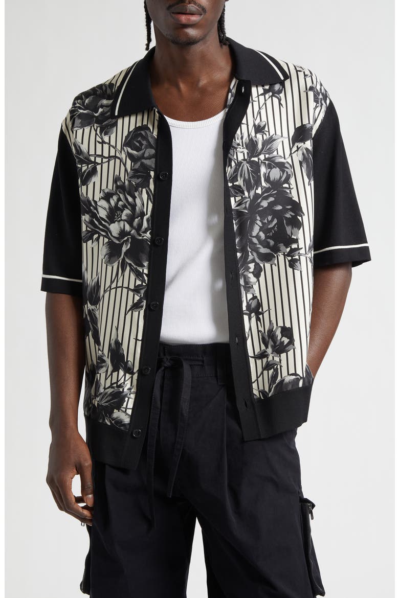 Oversize Floral & Stripe Short Sleeve Silk & Cotton Shirt, Main, color, RAMAGE PEO/ BEIGE