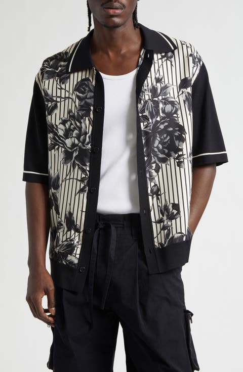 Oversize Floral 
Stripe Short Sleeve Silk 
Cotton Shirt