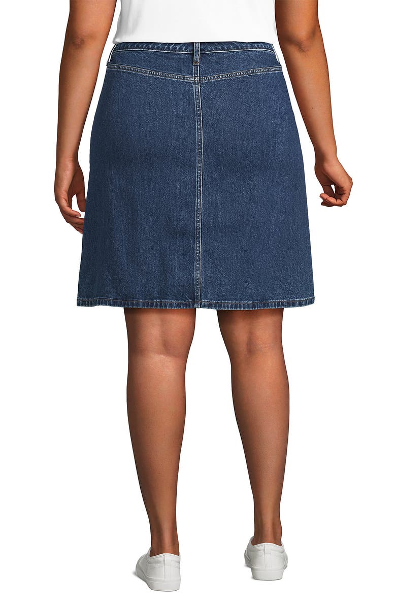 Lands' End Plus Size Soft Denim Mid Rise Button Through Above the Knee Skirt, Alternate, color, Indigo Tide Blue
