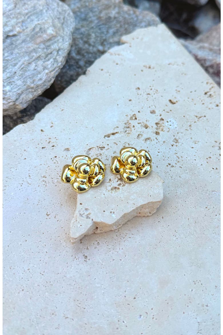 14K Gold Plate Camellia Flower Stud Earrings, Alternate, color, GOLD