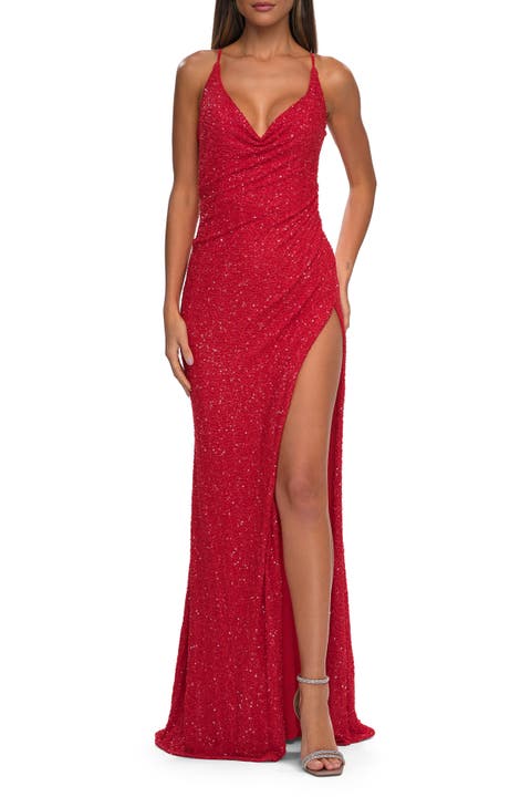 Cowl Neck Stretch Sequin Dress with Slit