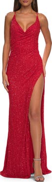 La Femme Cowl Neck Stretch Sequin Dress with Slit