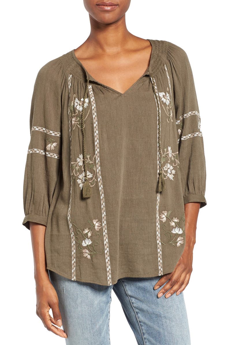 Caslon<sup>®</sup> Embroidered Gauze Peasant Top, Main, color,