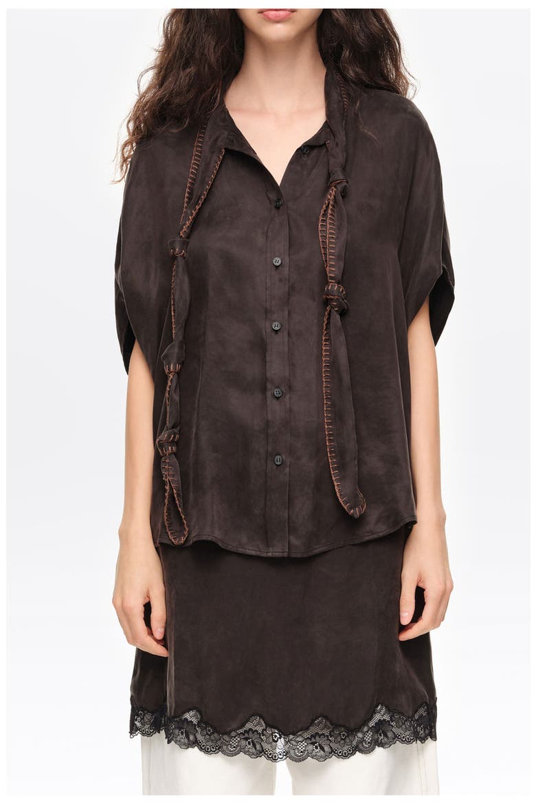 Knotted neckline cape shirt, Main, color, WASHED BLACK