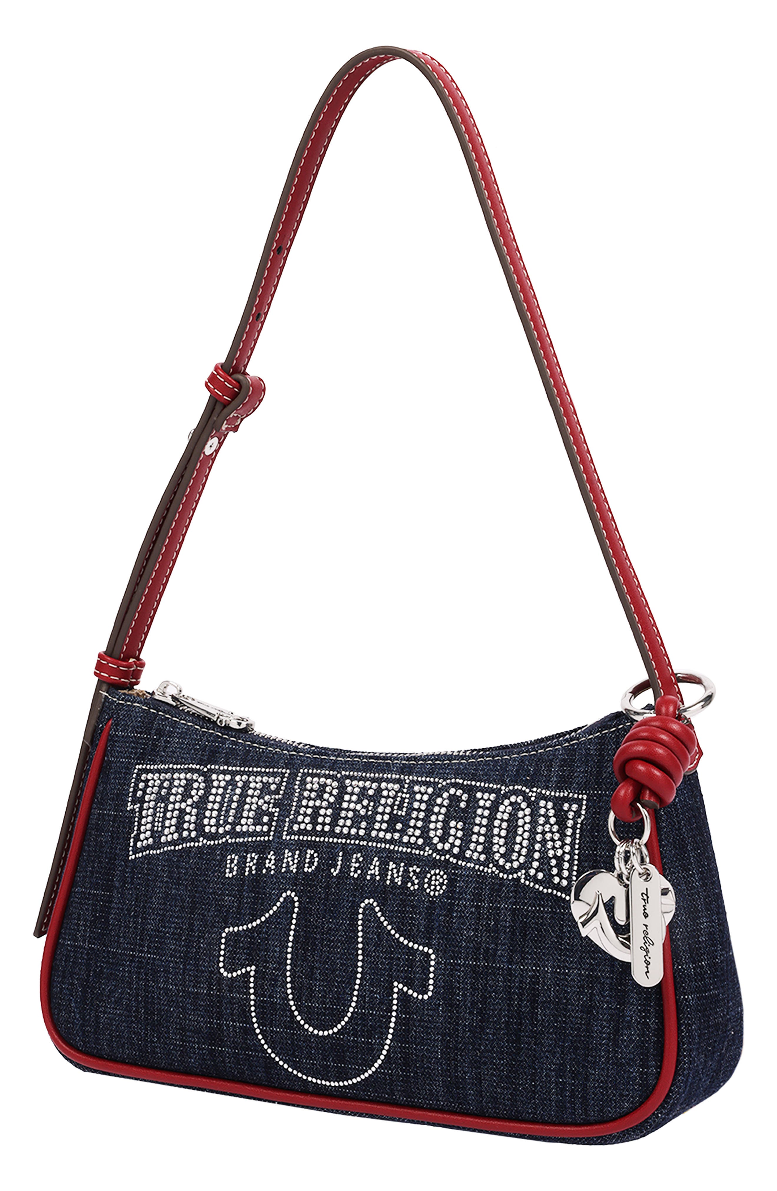 Bling Logo Denim Shoulder Bag, Alternate, color, RED