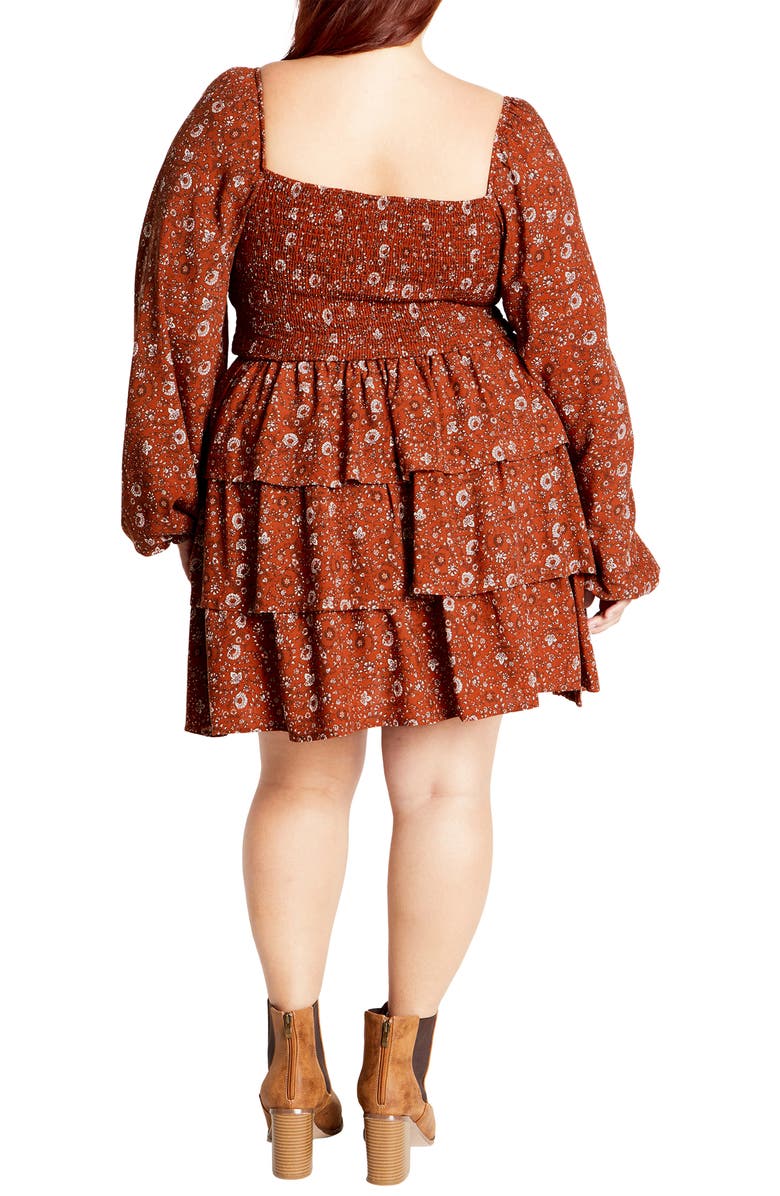 City Chic Floral Print Long Sleeve Tiered Minidress, Alternate, color, Spice Ditsy