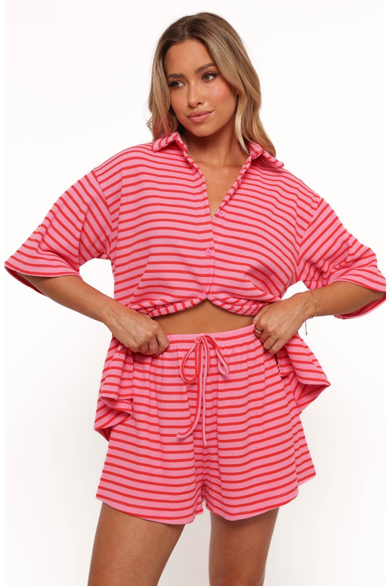 Alden Stripe Cotton Button-Up Shirt & Drawstring Shorts Set, Alternate, color, PINK RED STRIPE