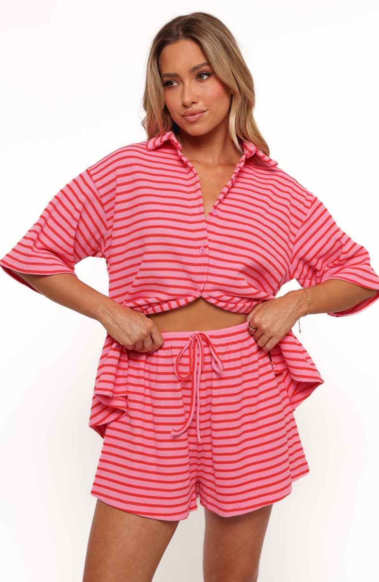 Petal & Pup Alden Stripe Cotton Button-Up Shirt & Drawstring Shorts Set, Alternate, color, Pink Red Stripe
