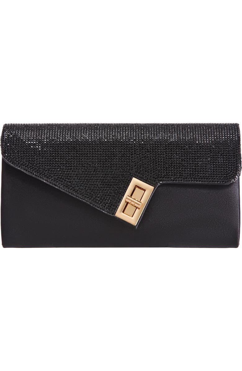 LADY COUTURE Chic Rhinestone & Satin Envelope Clutch, Main, color, Black
