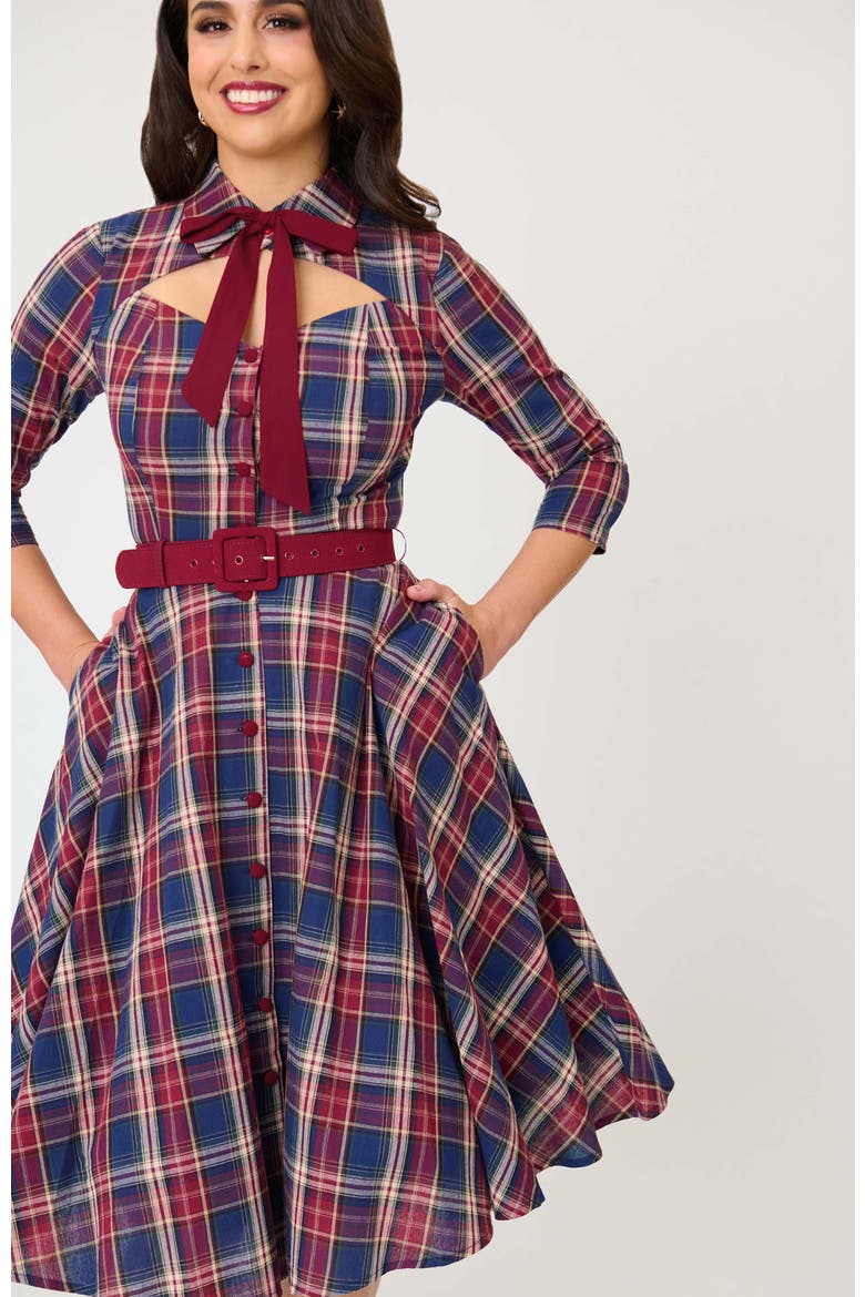 Sweetheart Neck Swing Dress, Alternate, color, Blue & Burgundy Plaid