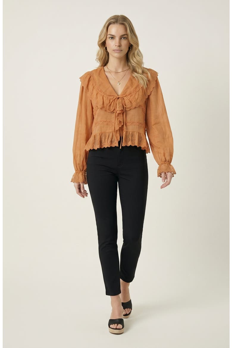 Ruffled Lace Trim Lightweight Tie Front Blouse, Alternate, color, Orange