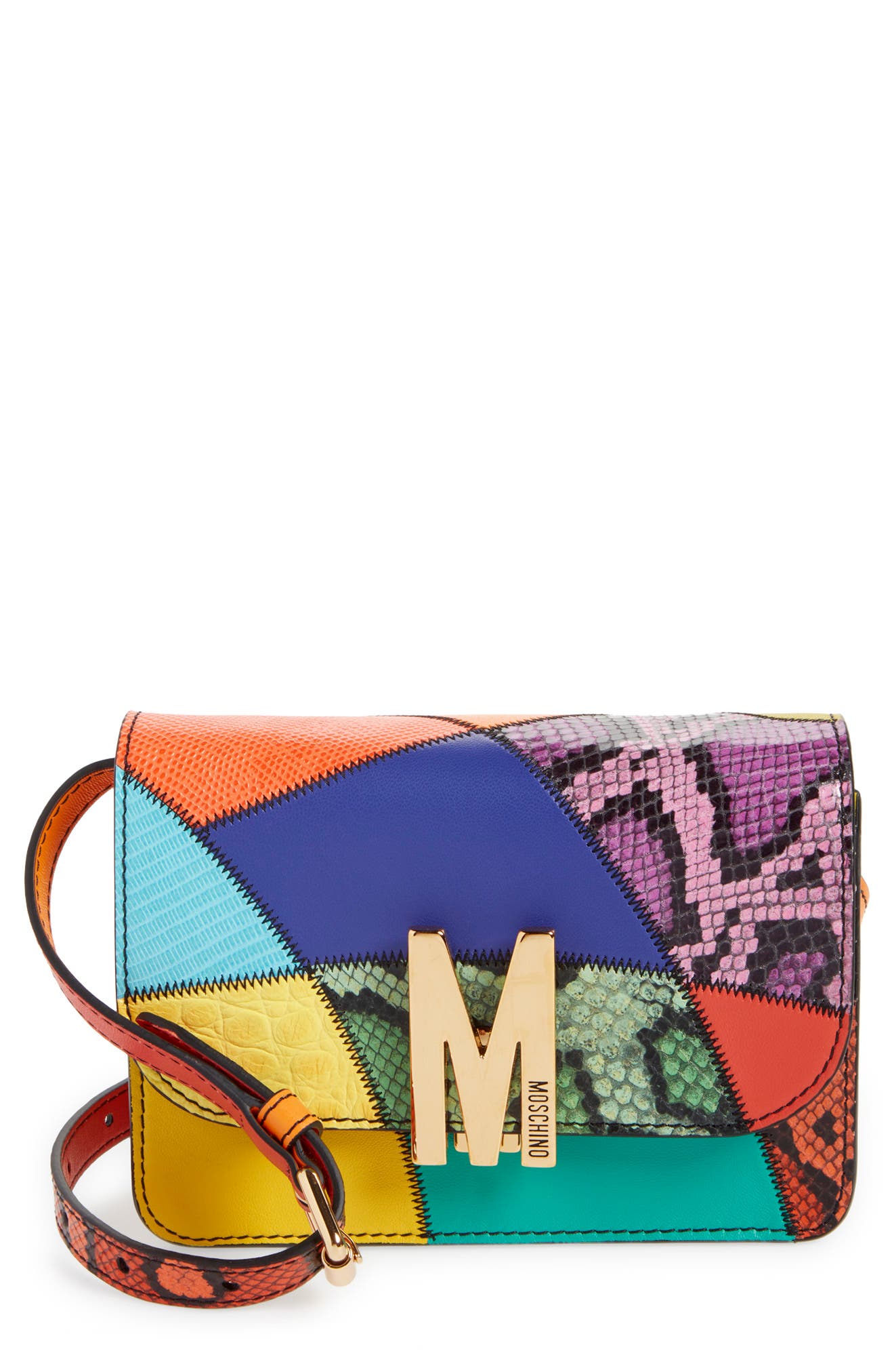 Moschino Small M Logo Patchwork Leather Shoulder Bag, Main, color, 
