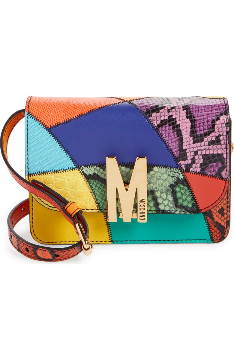 Moschino Small M Logo Patchwork Leather Shoulder Bag, Main, color,