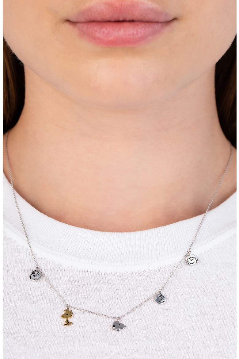x Peanuts® Snoopy & the Gang Charm Necklace, Alternate, color, PURE PLATINUM / CLEAR STONE