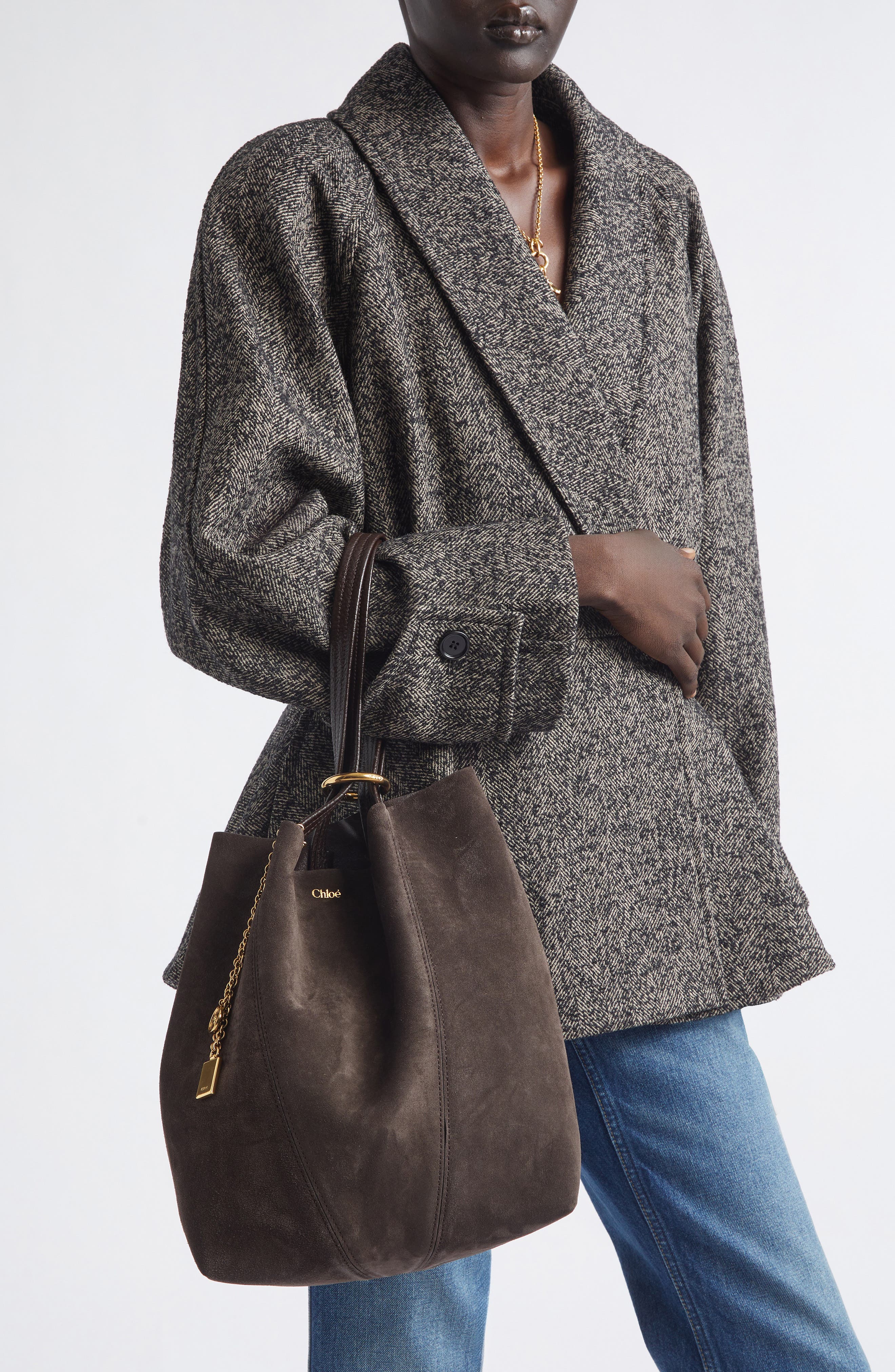 Chloé Medium Spin Suede Tote, Alternate, color, Kohl Brown