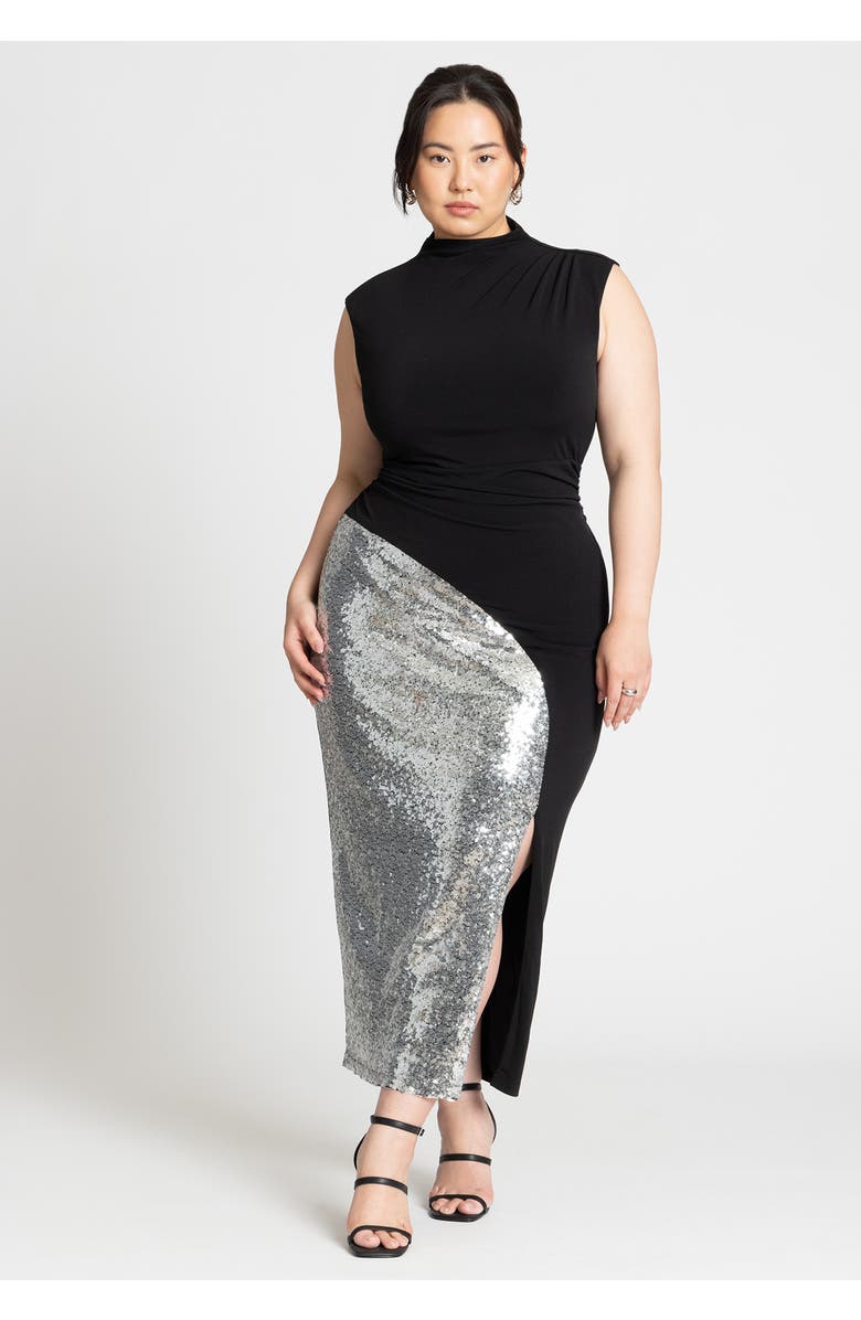 ELOQUII Funnel Neck Knit Dress With Sequin, Alternate, color, Black Onyx