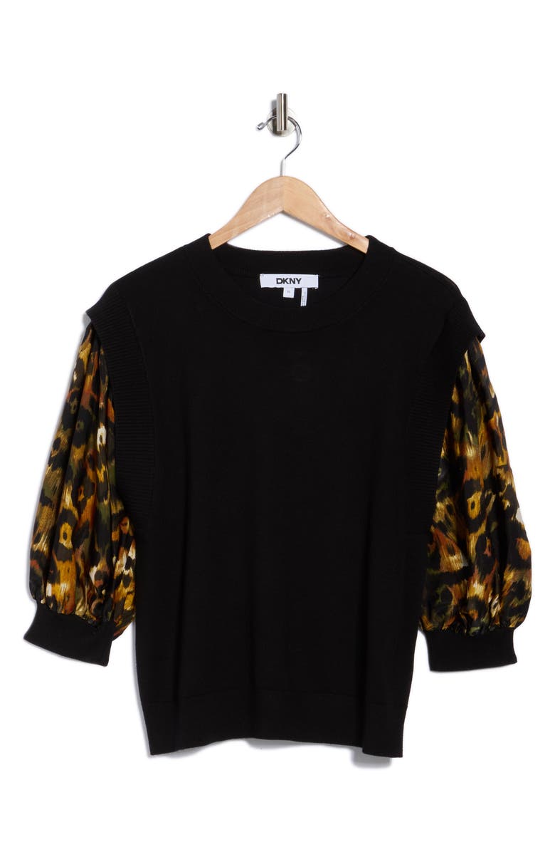 DKNY Print Sleeve Mixed Media Sweater, Alternate, color, Black Autumn Mixed Animal