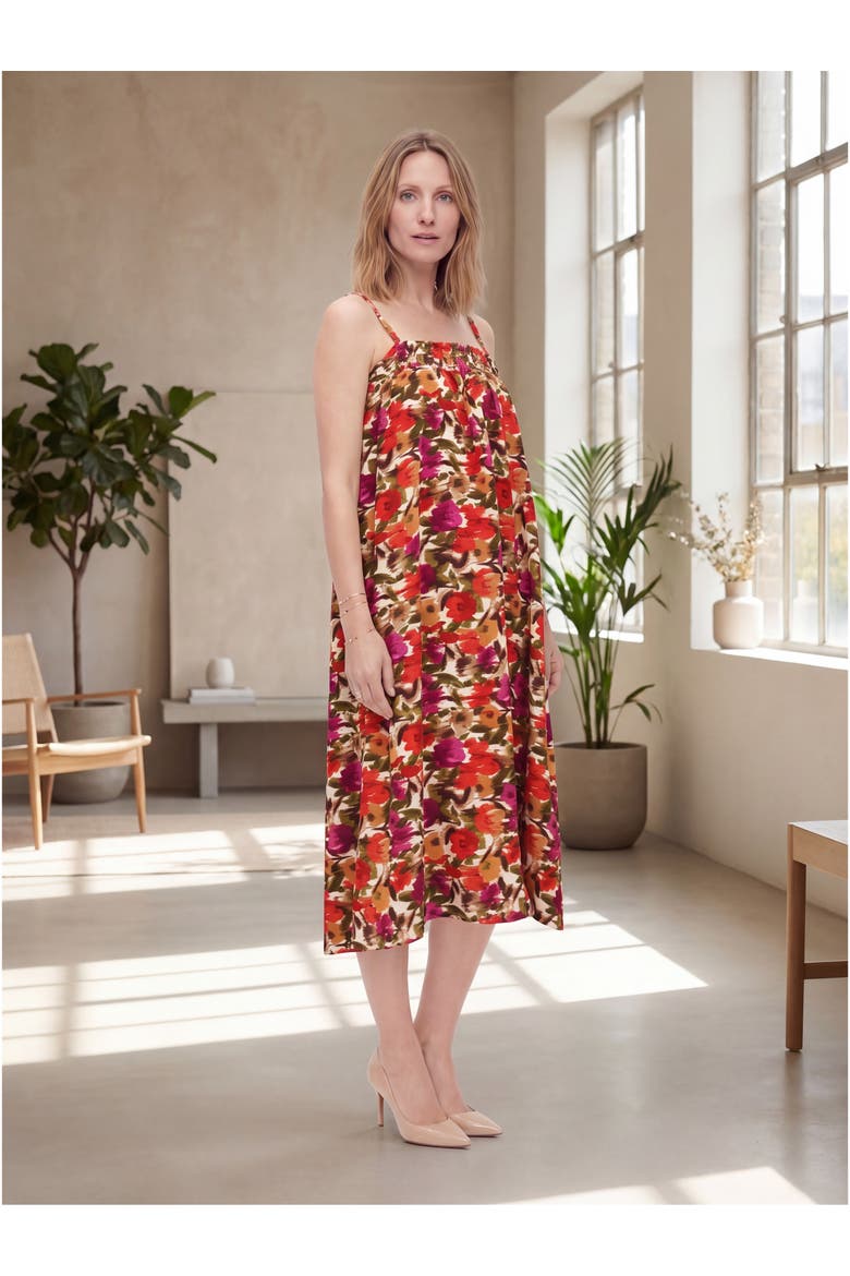 Maternity Essential Abstract Print Spaghetti Strap Smocked Pocket A-Line Maxi Dress, Alternate, color, Red Multi
