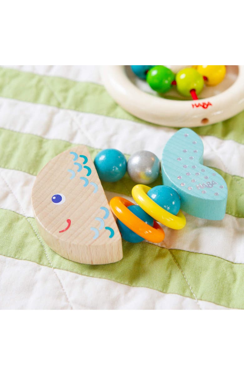 HABA Rattlefish Wooden Baby Rattle and Teething Toy with Plastic Rings, Teething Toys 6-12 months, Grasping Toy for Babies, Made in Germany, Alternate, color, Multi