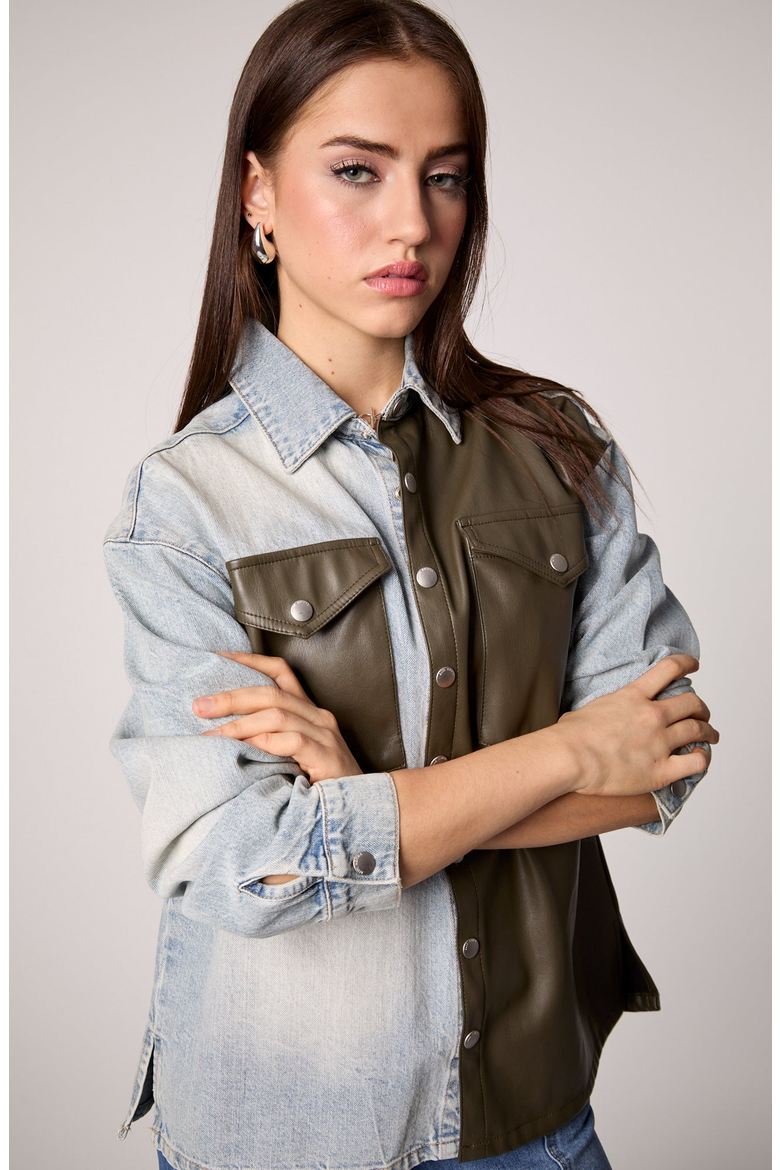 UNreal Leather & Denim Shacket, Alternate, color, Ora / Olive