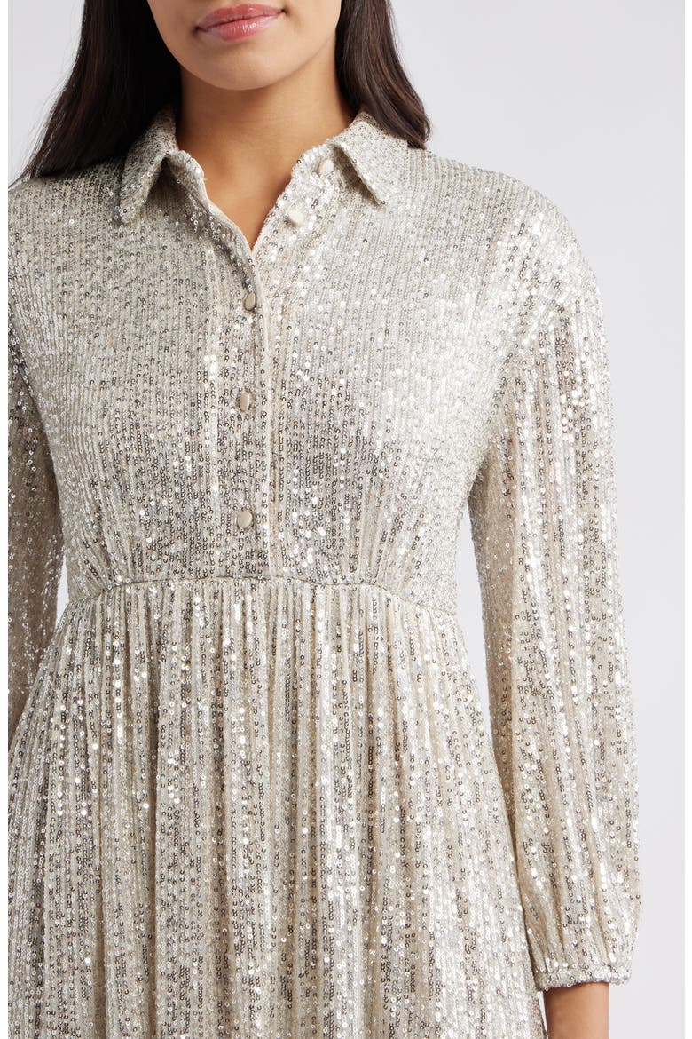 Sequin Stripe Shirtdress, Alternate, color, SILVER