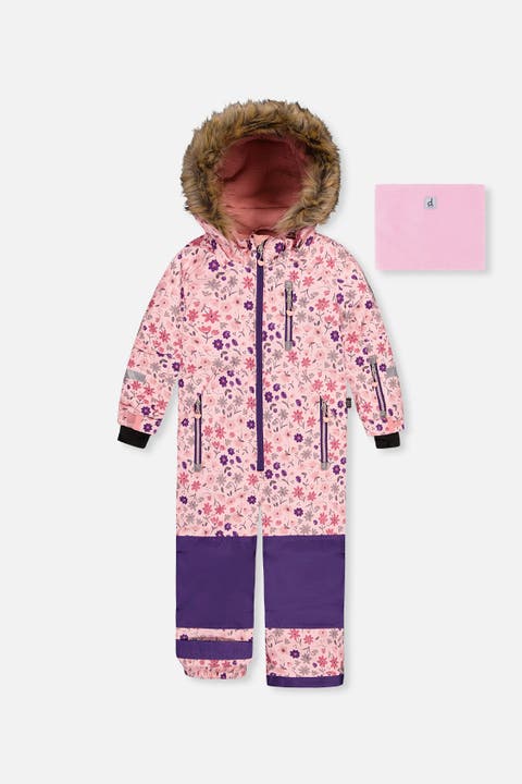 Play Flower Faux Fur Hood & Expandable Sleeve One Piece Snowsuit