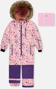 Deux par Deux Play Flower Faux Fur Hood & Expandable Sleeve One Piece Snowsuit