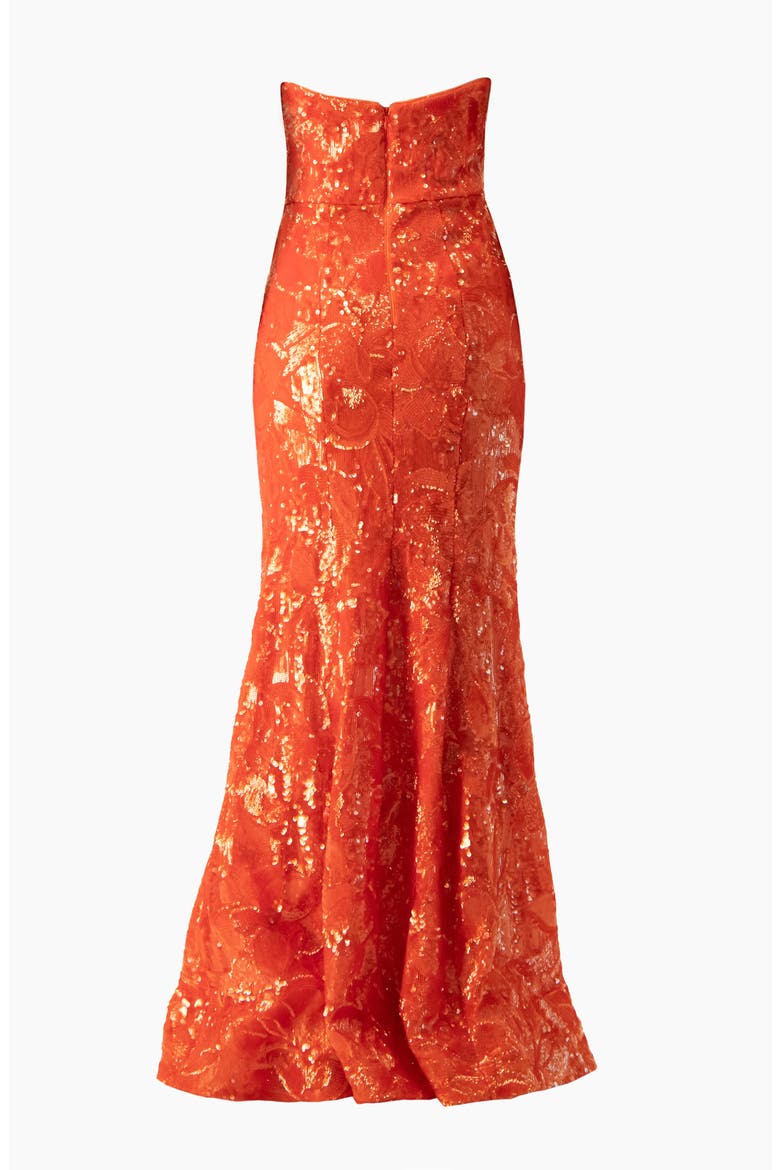 Strapless Sequin Floral Brocade Gown, Alternate, color, Orange Red