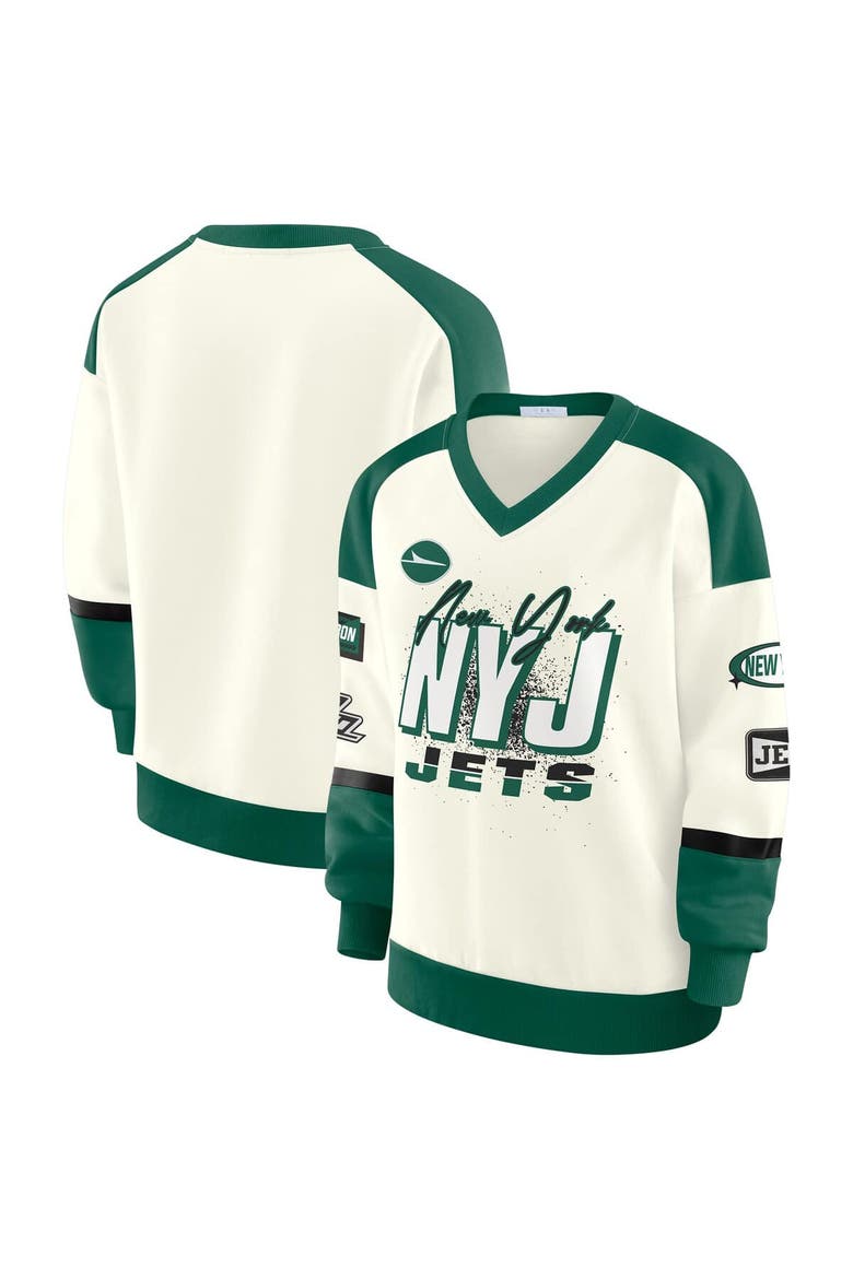 Women's WEAR by Erin Andrews  Cream New York Jets Racing Crew V-Neck Sweatshirt, Main, color, Cream