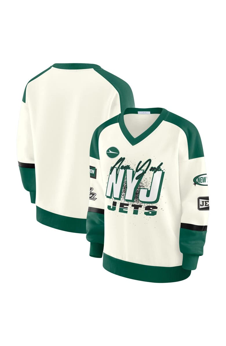 WEAR by Erin Andrews Women's WEAR by Erin Andrews  Cream New York Jets Racing Crew V-Neck Sweatshirt, Main, color, Cream