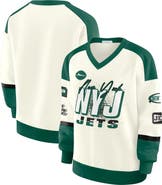 WEAR by Erin Andrews Women's WEAR by Erin Andrews Cream New York Jets Racing Crew V-Neck Sweatshirt