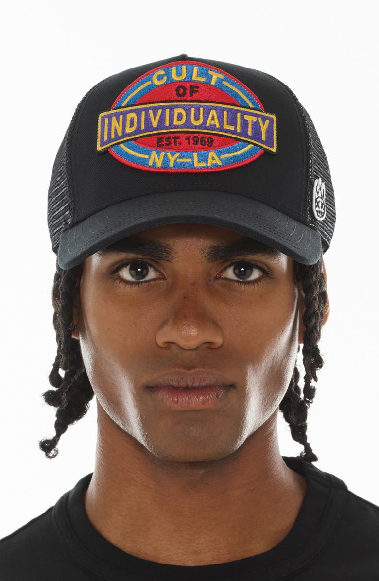 Cult of Individuality Oversize Patch Trucker Hat, Alternate, color, Black