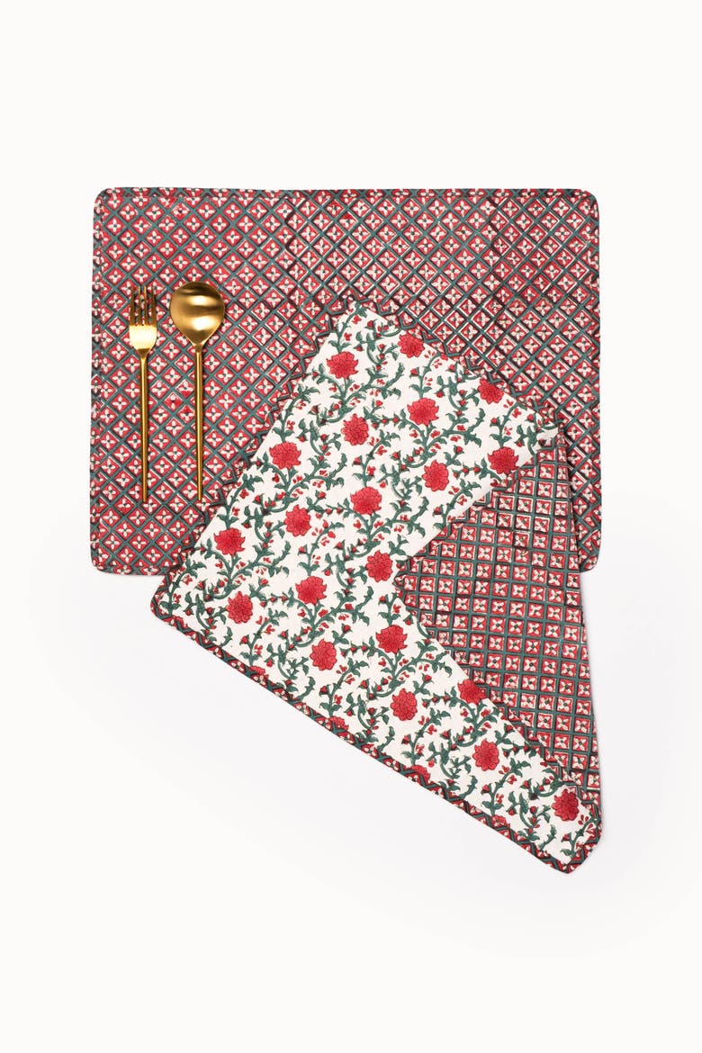 Holly & Berry Reversible Block Print Placemat Set of 2, Alternate, color, Crimson