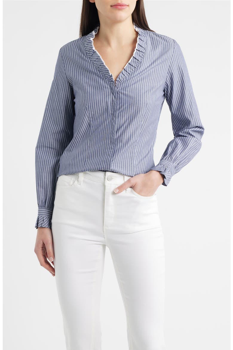 Ruffle Detail Stripe Cotton Button-Up Shirt, Main, color, DISTANT MNTN MULTI