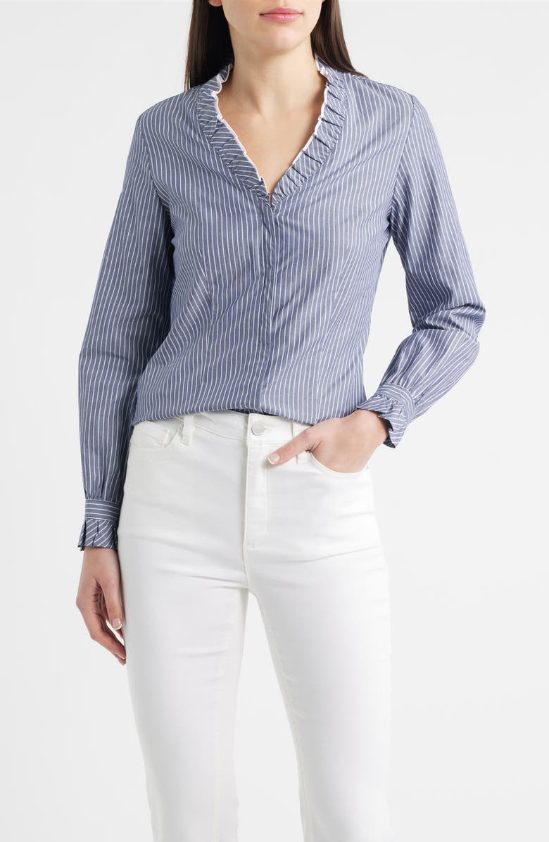 Anne Klein Ruffle Detail Stripe Cotton Button-Up Shirt, Main, color, Distant Mntn Multi