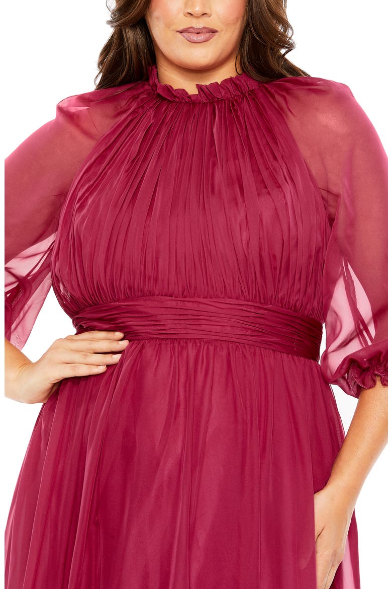 High-Neck Chiffon Dress with Puff Sleeves and Ruffle Tiered Skirt, Alternate, color, CRIMSON