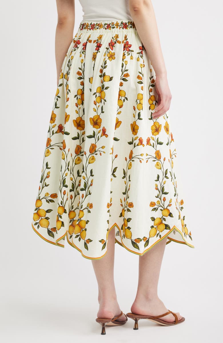 FARM Rio Lemon Bouquet Floral Linen Blend Midi Skirt, Alternate, color, Lemon Bouquet Off-White