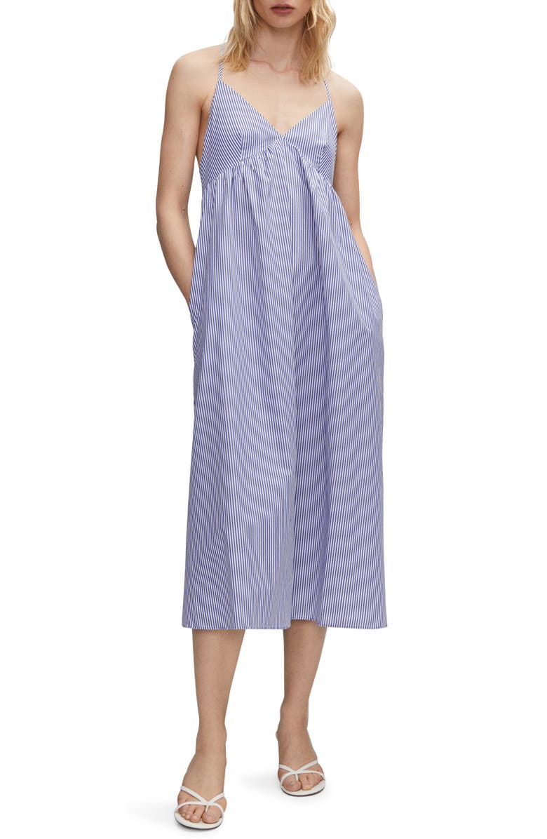 MANGO Stripe Cotton Midi Sundress, Main, color, Navy