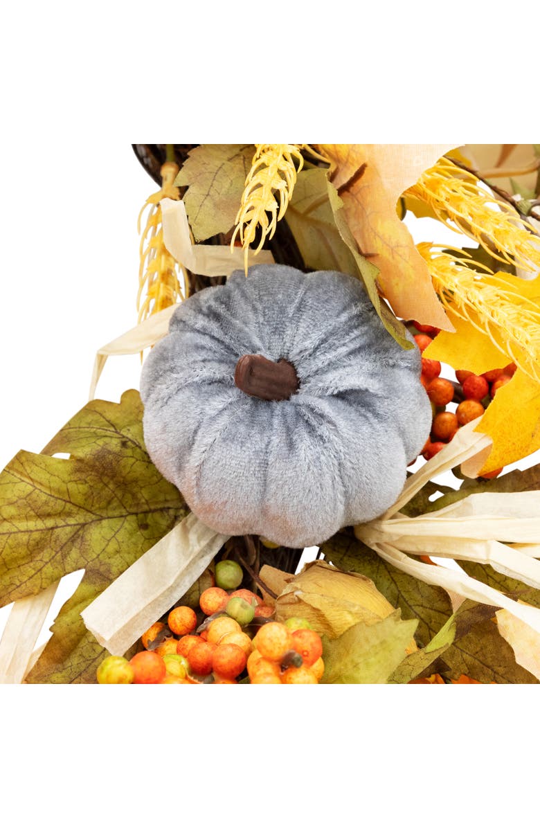 Northlight Velvet Pumpkins and Wheat Artificial Fall Harvest Wreath - 24", Alternate, color, Orange
