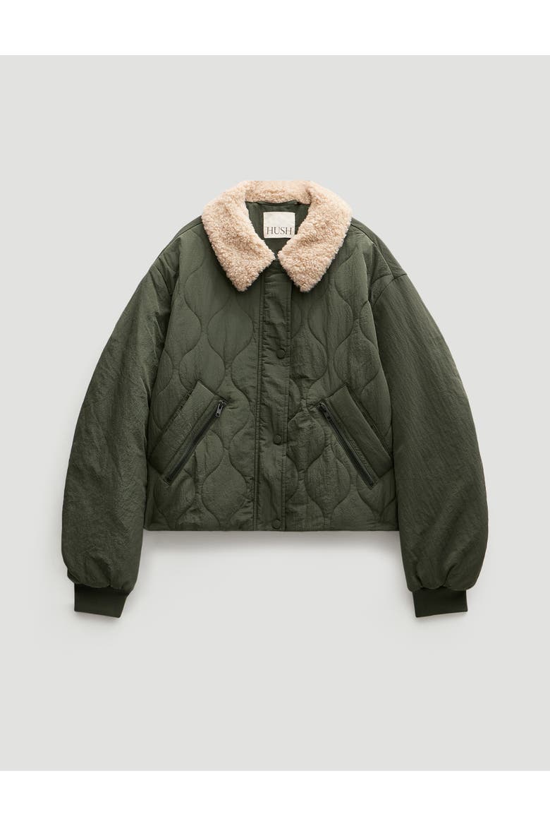 Teddy Collar Quilted Bomber, Alternate, color, Grey Green