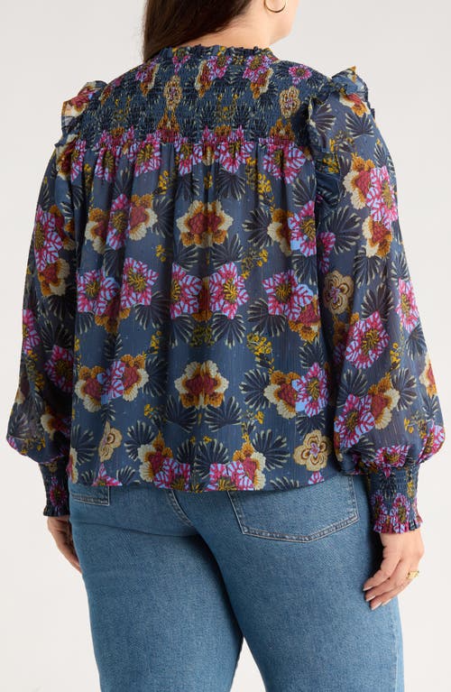Treasure & Bond Floral Smocked Yoke Popover Top In Blue