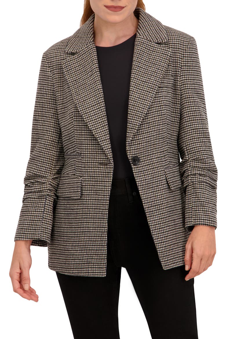 Houndstooth Ruched Sleeve Blazer, Main, color, GREY/ BLACK