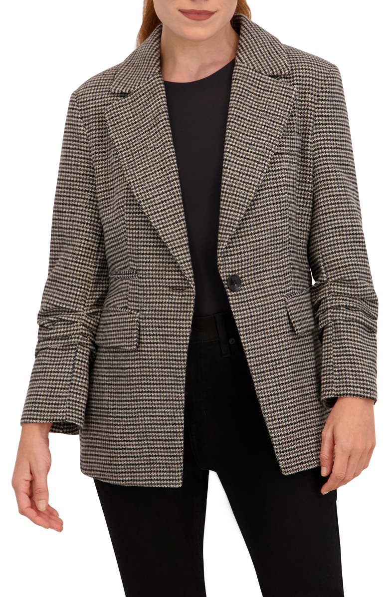 Ookie & Lala Houndstooth Ruched Sleeve Blazer, Main, color, Grey/ Black