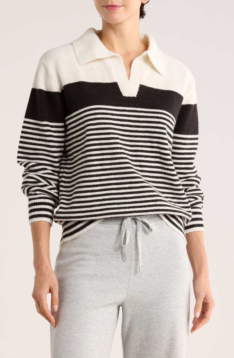 Joseph A Stripe Johnny Collar Sweater, Main, color, Egret/ Black