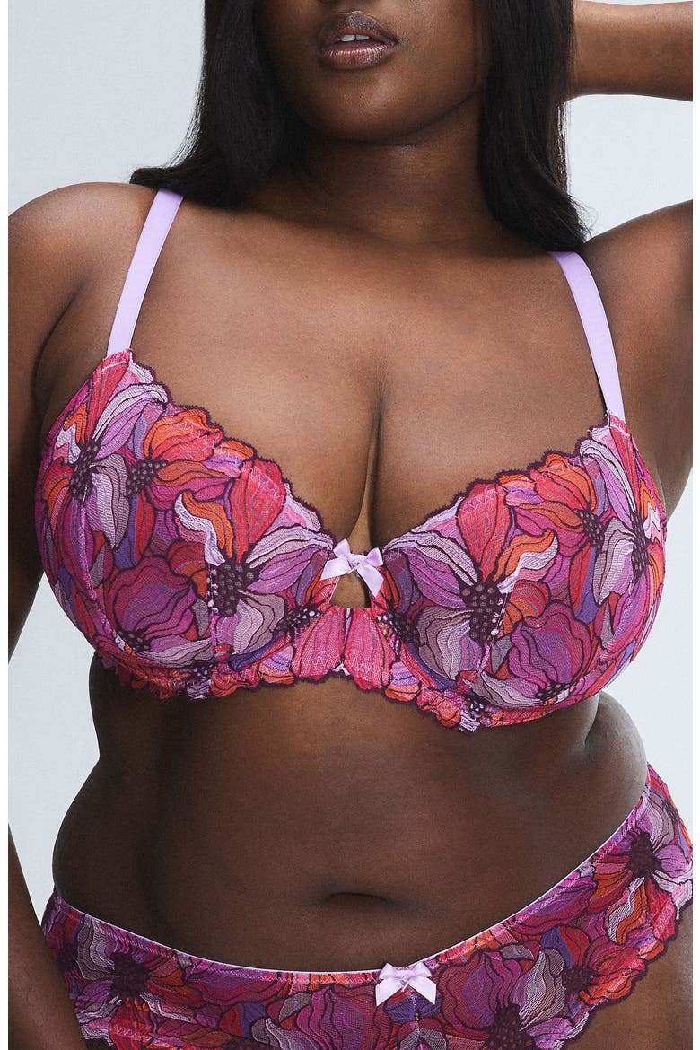 Mosaic Floral Lace Unlined Demi Bra, Main, color, PURPLE OPAL